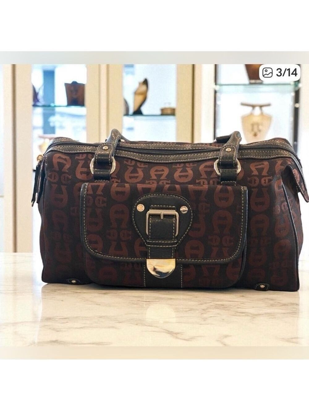 Etienne Aigner Black & Brown Satin Satchel Double Handle Silver Hardware EUC - Picture 6 of 14